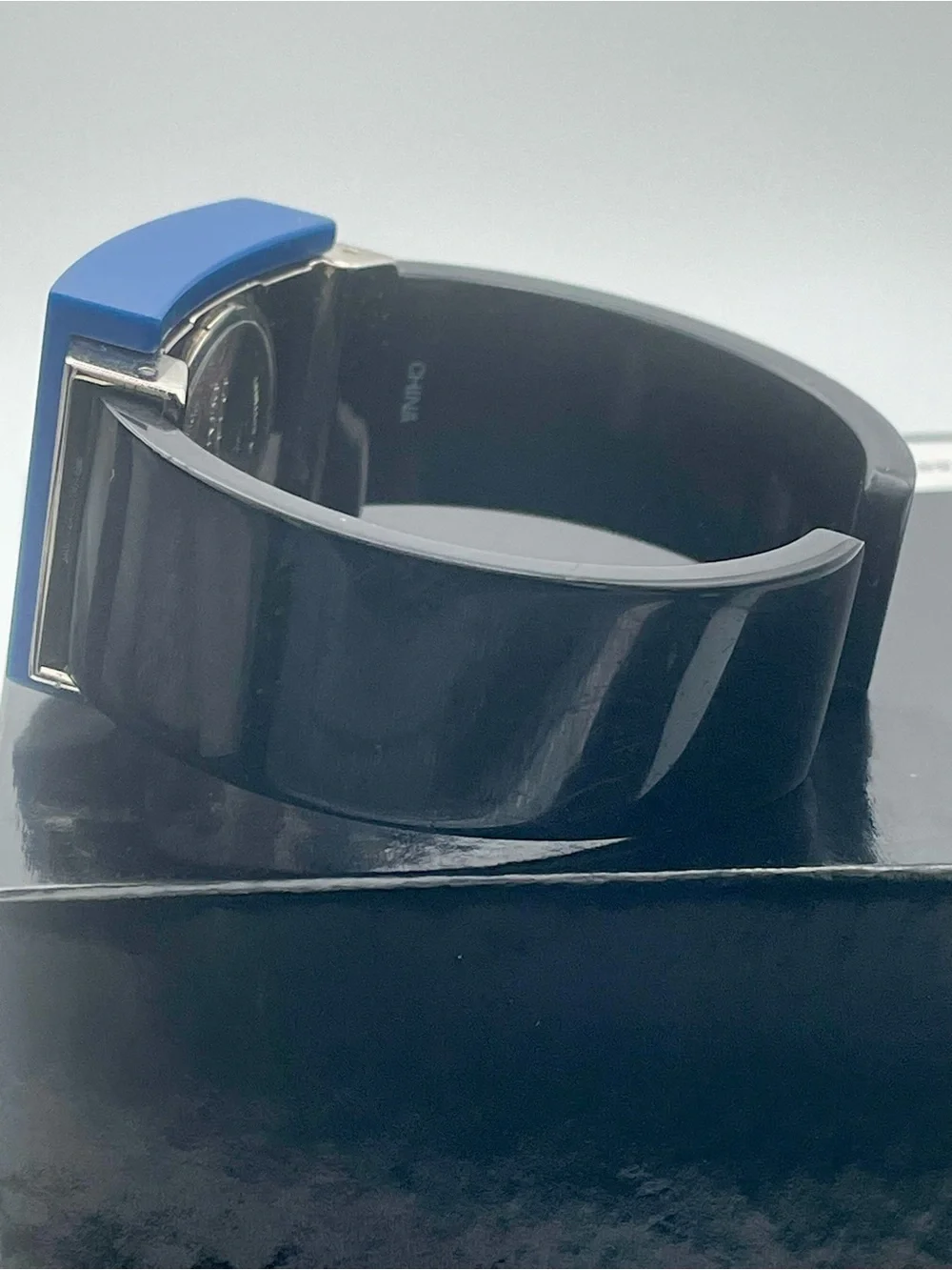 Joan Rivers Classic Blue Acrylic Square Dial Quartz Watch w/Black Clamper Band